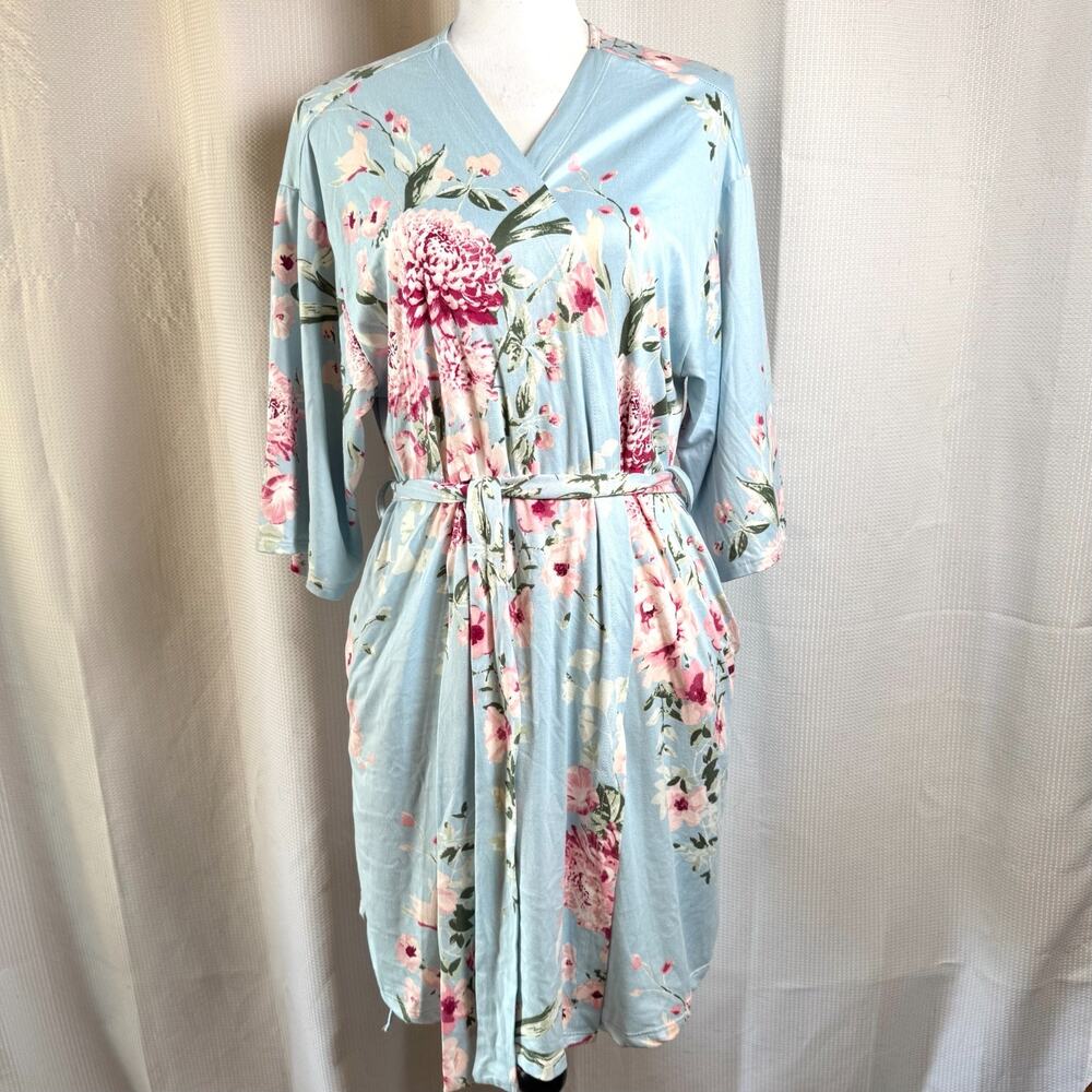Flora Nikrooz Blue Floral Size L Kimono Wrap Short Robe Soft Sleep Loungewear